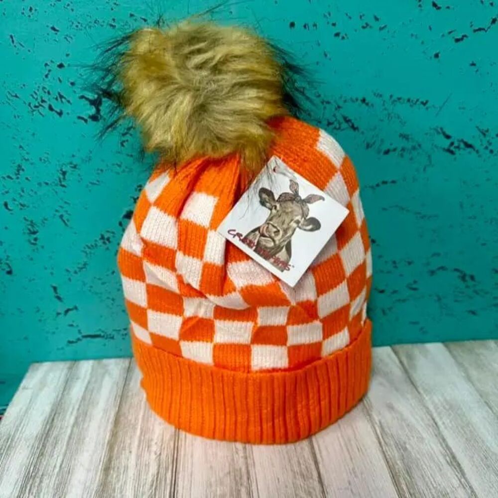 The Checkered Fur Pom Beanie Brand NEW Beanie Hat!!
